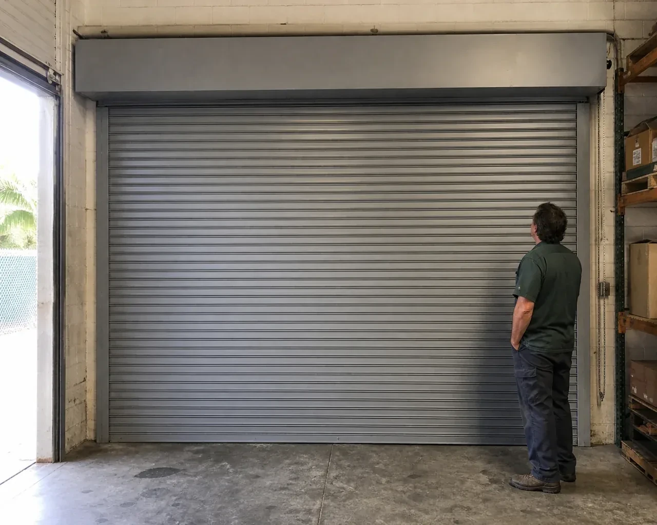 A person examines a closed metal rolling door with narrow horizontal slats, side guides and an overhead hood in a warehouse. — Commercial Rolling Door Repair, Toronto