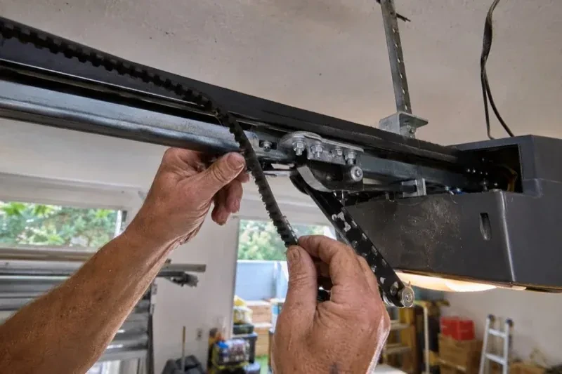 Hands holding a loose toothed belt beside the rail and trolley of an overhead garage-door opener. — Belt-Drive Opener Repair, Cliffcrest