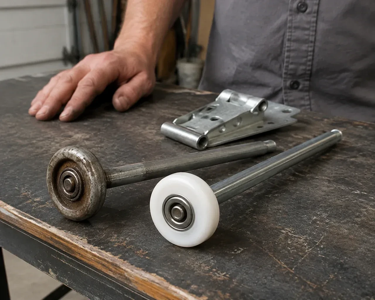 Steel and nylon garage-door rollers with long stems lie beside a detached hinge on a workbench. — Garage Door Roller Replacement, Toronto