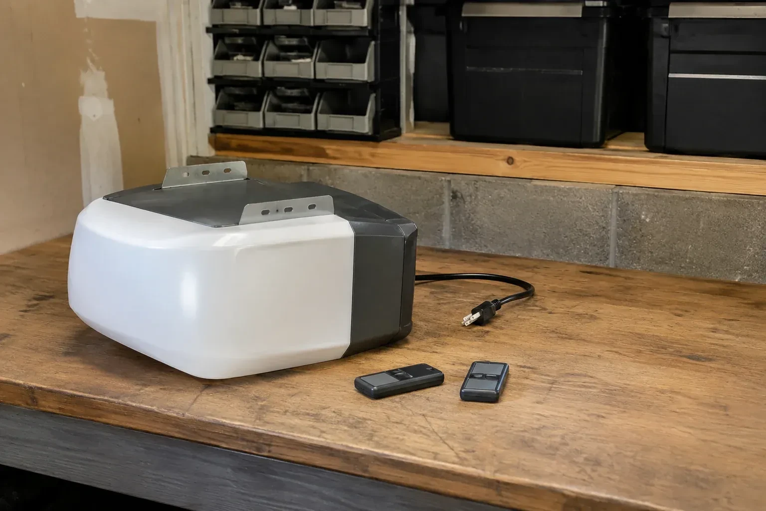 Detached opener housing and two remotes on a garage bench. — Garage Door Opener Replacement, Toronto