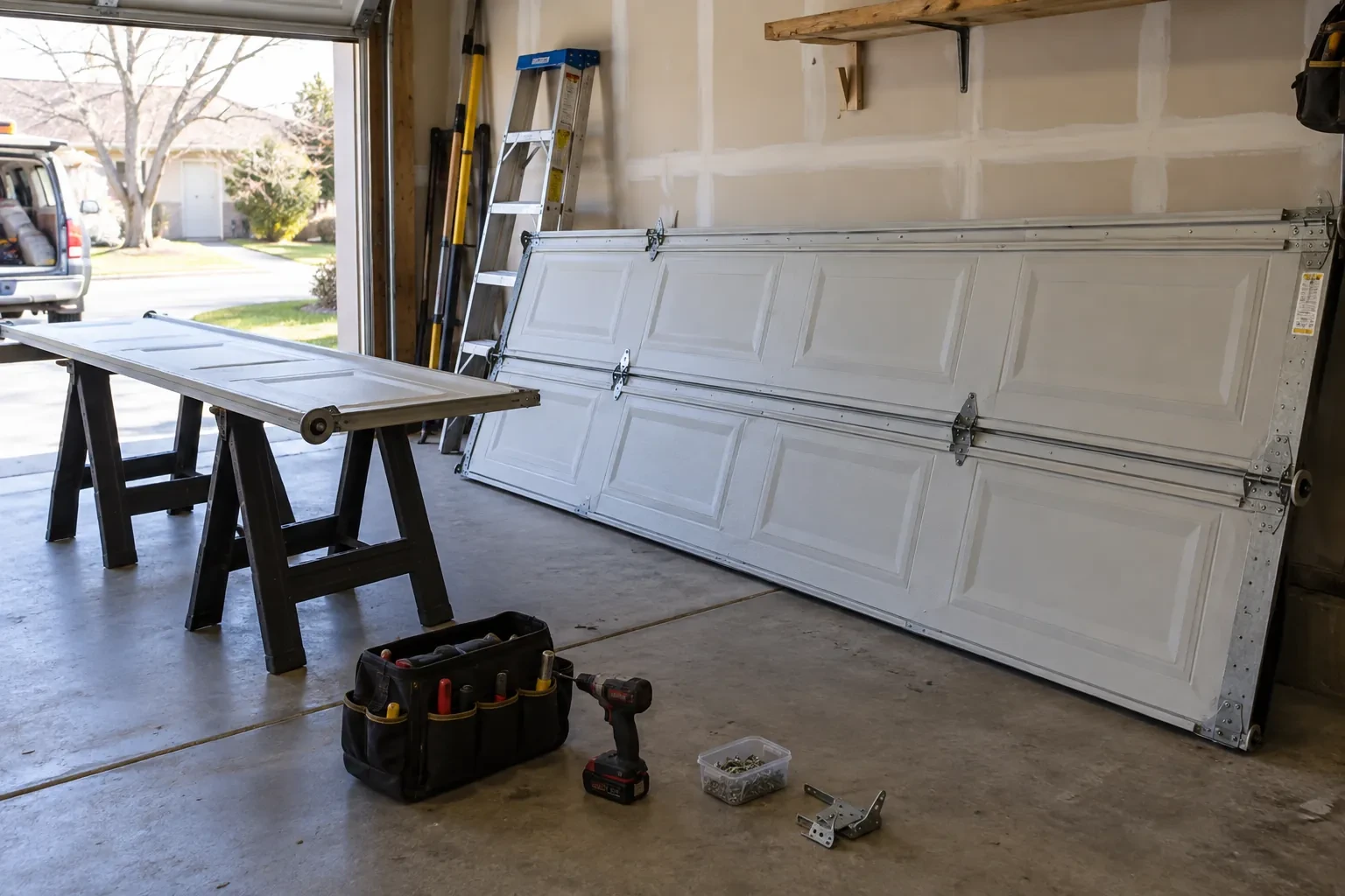 Paneled garage door leaning on its side against a wall, with one section on sawhorses and a tool bag on the floor. — Cliffcrest