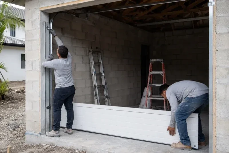 Two people positioning a white garage-door panel and side track in an unfinished masonry garage. — New-Construction Garage Door Installation, Toronto