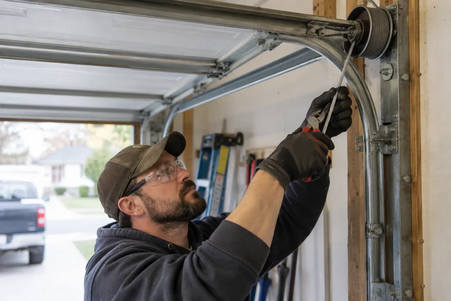 Technician in safety glasses gripping a steel cable with pliers beside a cable drum at the curved door track.