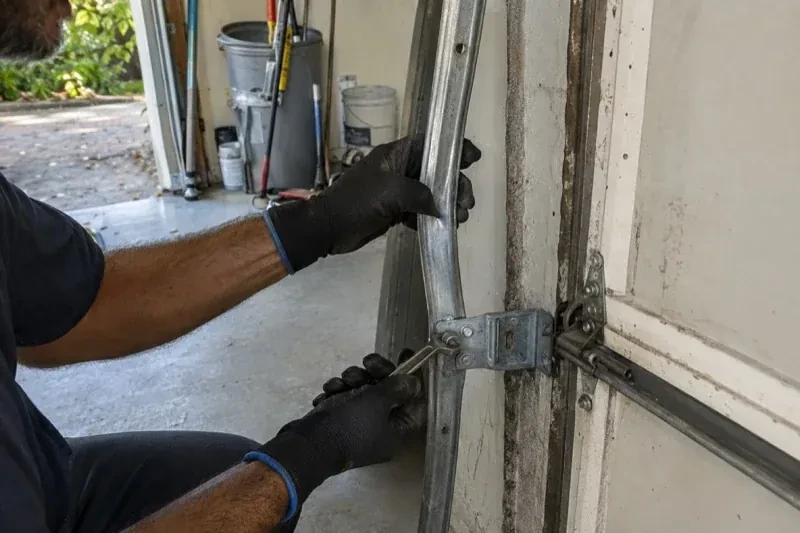 Gloved hands holding a vertical garage-door track and a wrench at its mounting bracket beside a door hinge. — Garage Door Track Repair or Replacement, Toronto